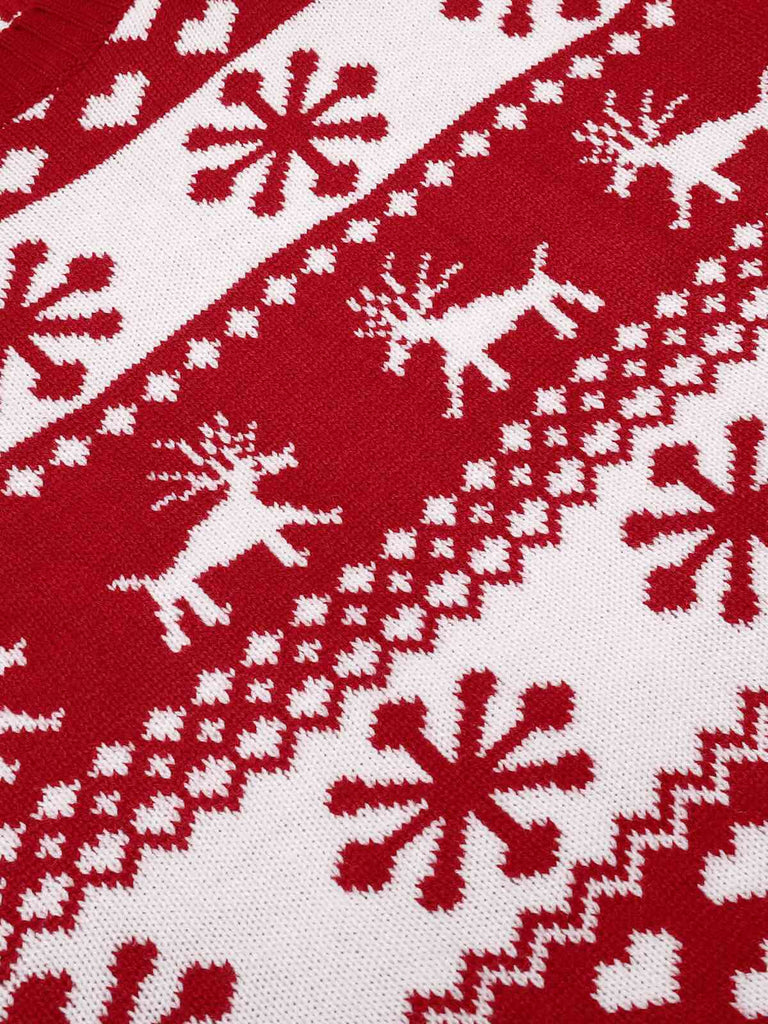 Pull tricoté rouge de Noël Flocons de neige et élan des années 40