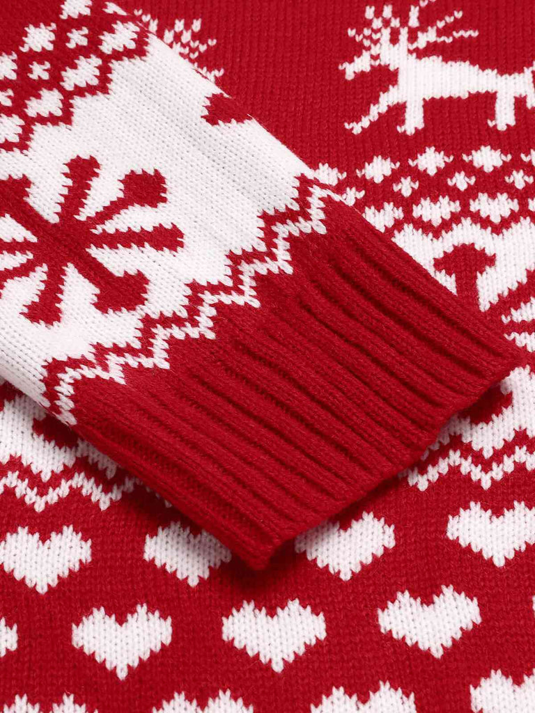 Pull tricoté rouge de Noël Flocons de neige et élan des années 40