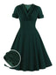 Robe trapèze unie à col en V vert foncé de grande taille des années 1950