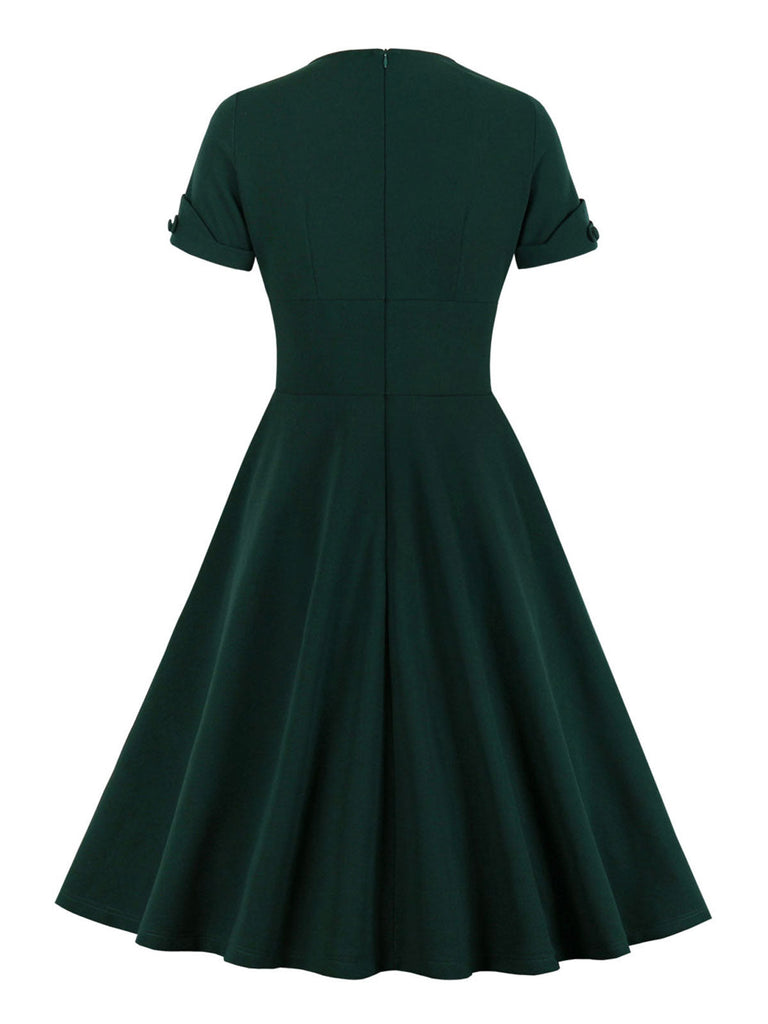 Robe trapèze unie à col en V vert foncé de grande taille des années 1950