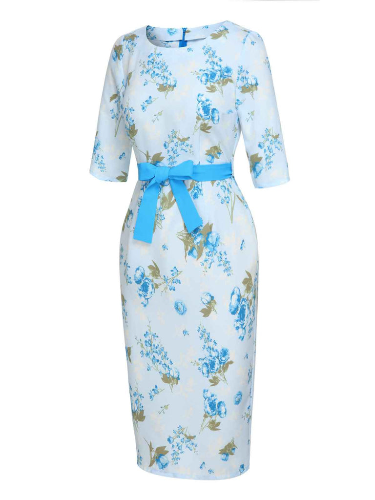Robe crayon à ceinture florale bleu ciel des années 1960