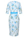 Robe crayon à ceinture florale bleu ciel des années 1960