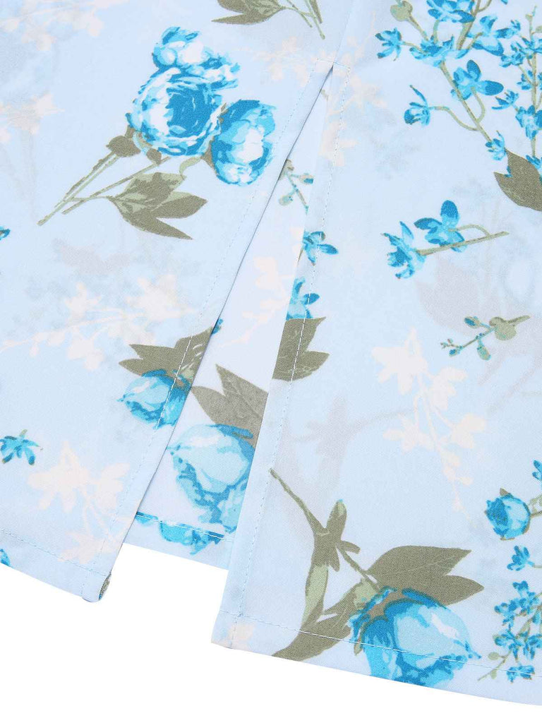 Robe crayon à ceinture florale bleu ciel des années 1960