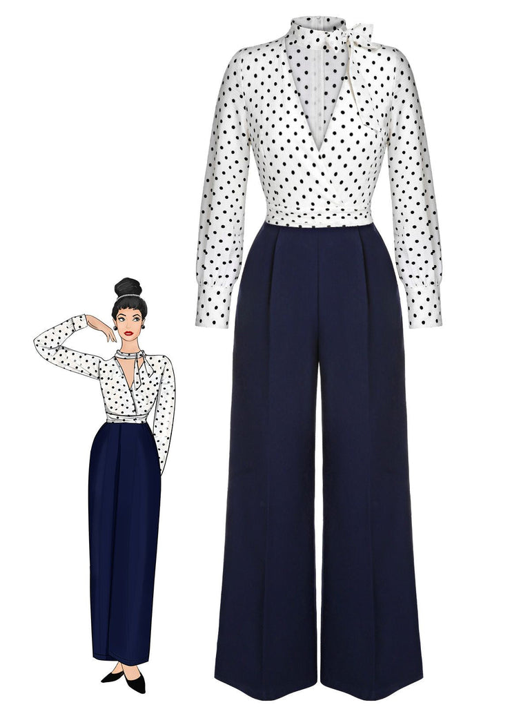 Combinaison bleue et blanche à pois des années 1930 à col noué