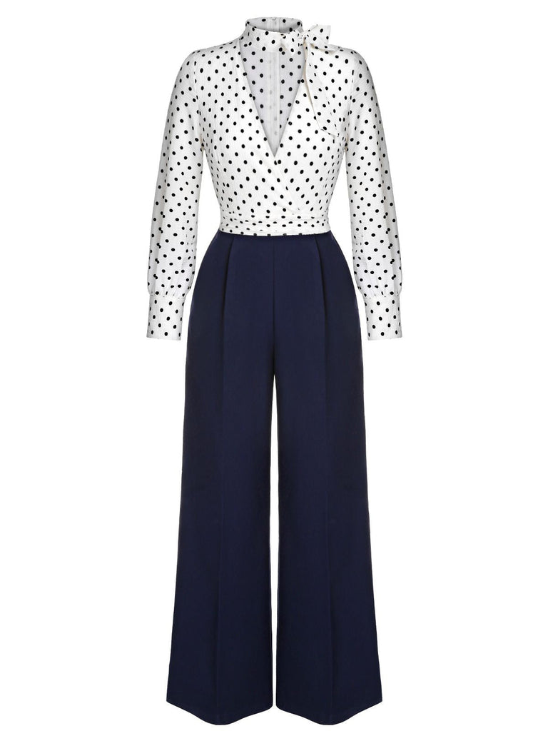 Combinaison bleue et blanche à pois des années 1930 à col noué