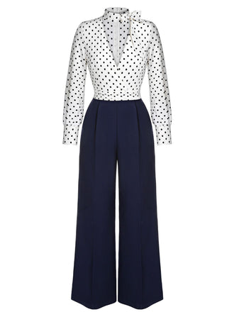 Combinaison bleue et blanche à pois des années 1930 à col noué