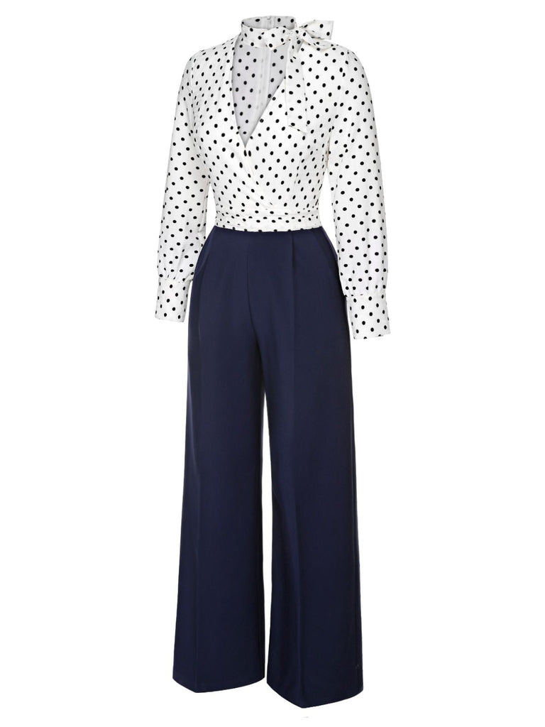 Combinaison bleue et blanche à pois des années 1930 à col noué