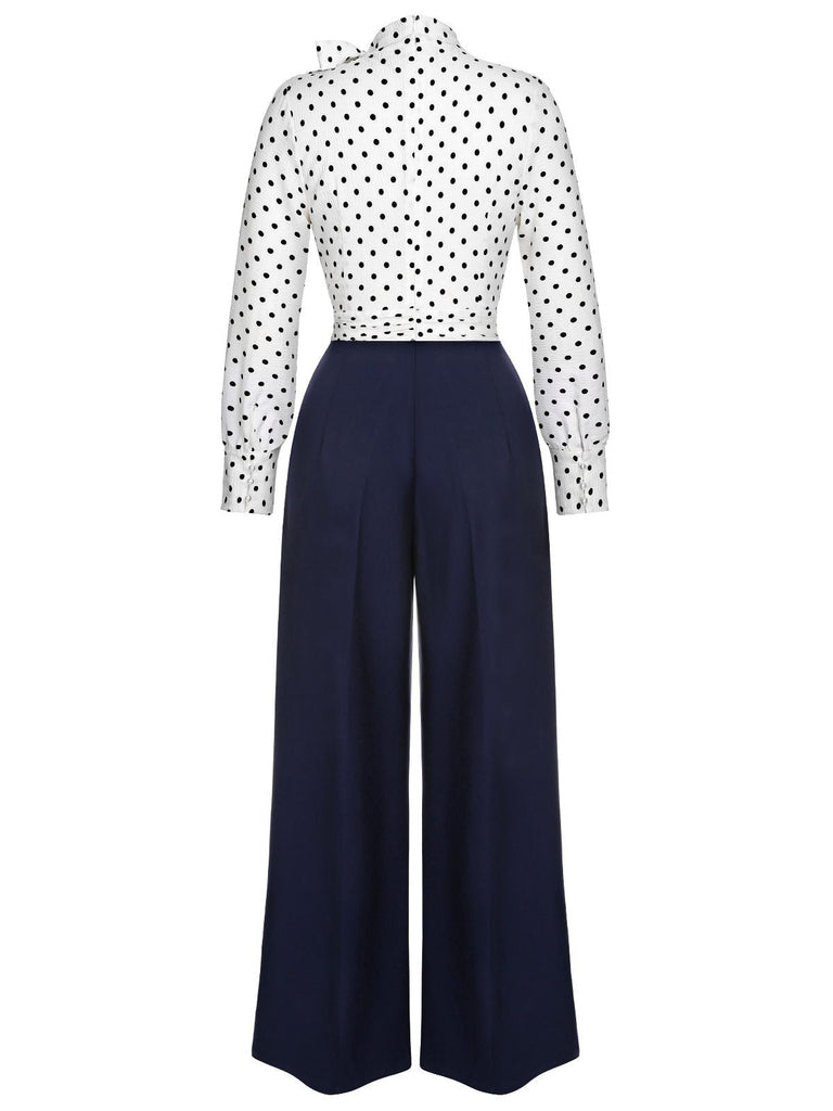 Combinaison bleue et blanche à pois des années 1930 à col noué
