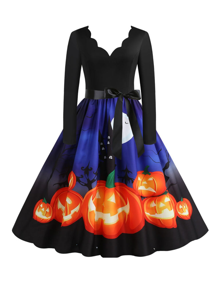 1950s Halloween Pumpkin Night V-Neck Dress