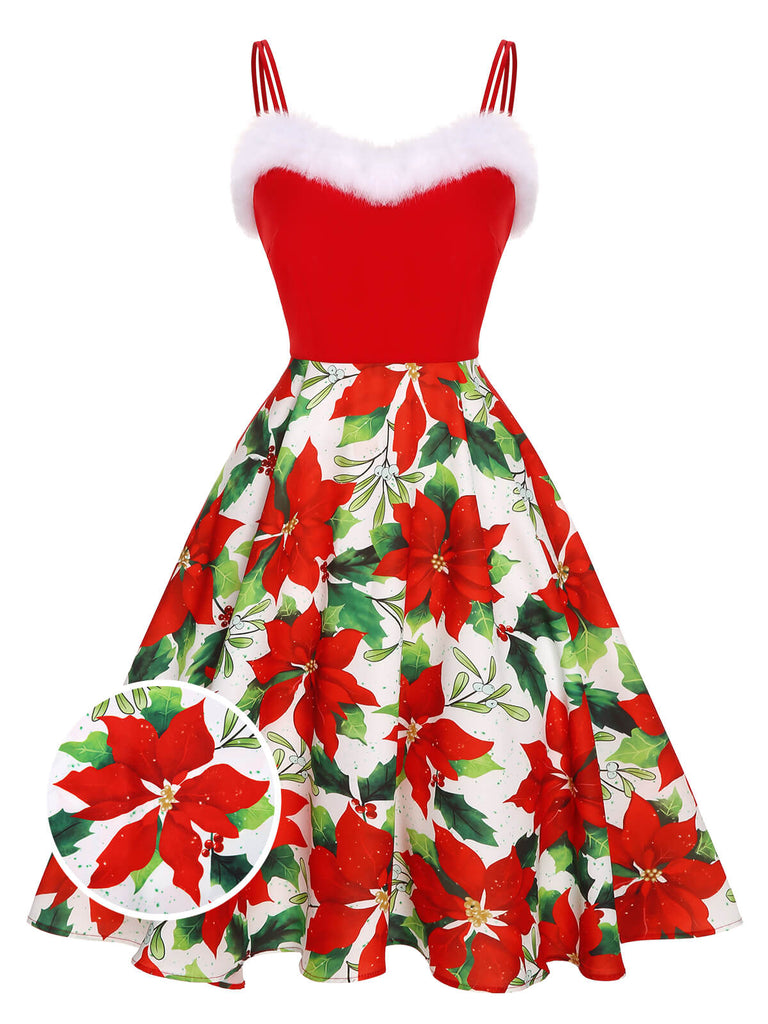 Robe rouge à bordures florales de Noël des années 1950