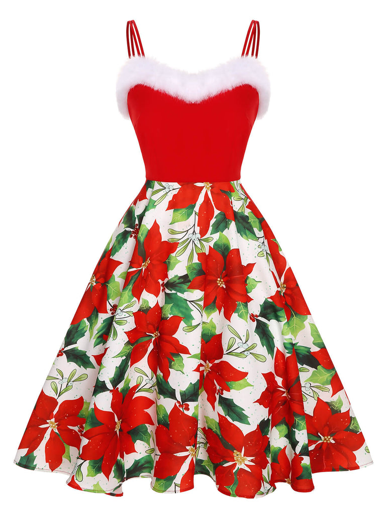 Robe rouge à bordures florales de Noël des années 1950