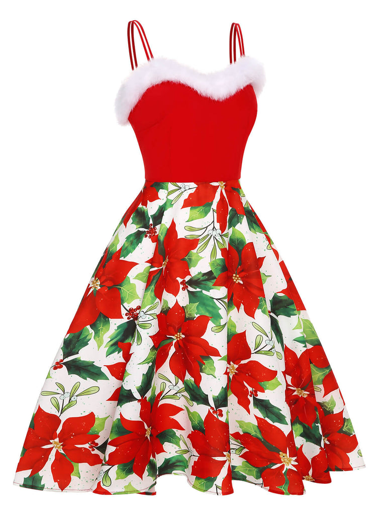 Robe rouge à bordures florales de Noël des années 1950