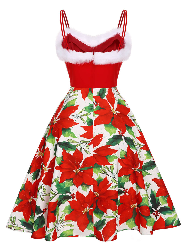 Robe rouge à bordures florales de Noël des années 1950