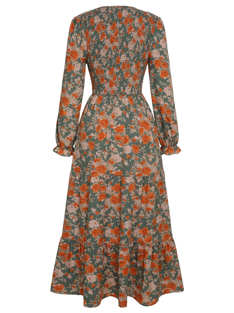 Robe florale à manches longues et col en V des années 1940