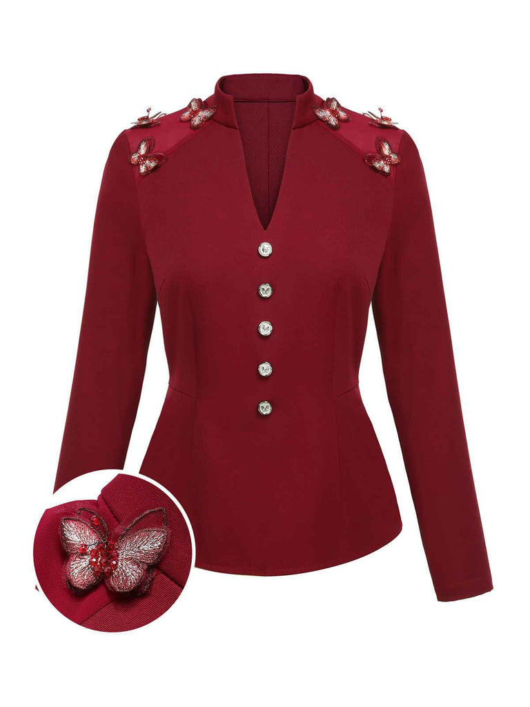 Blouse papillons à col montant rouge des années 1940