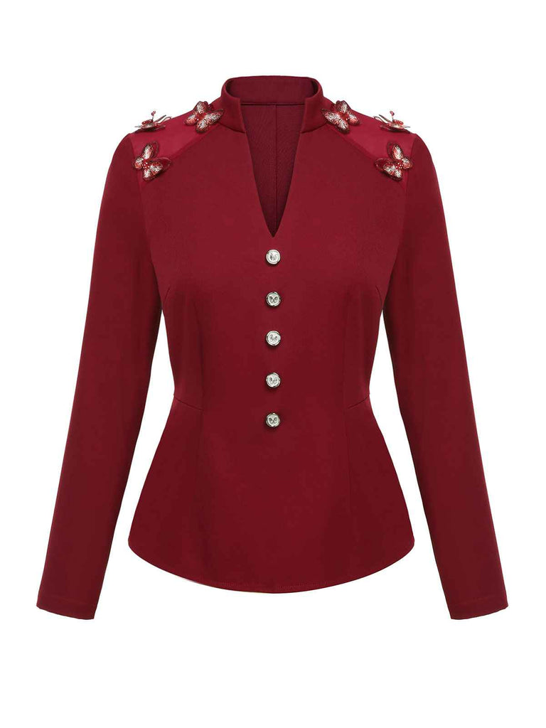 Blouse papillons à col montant rouge des années 1940
