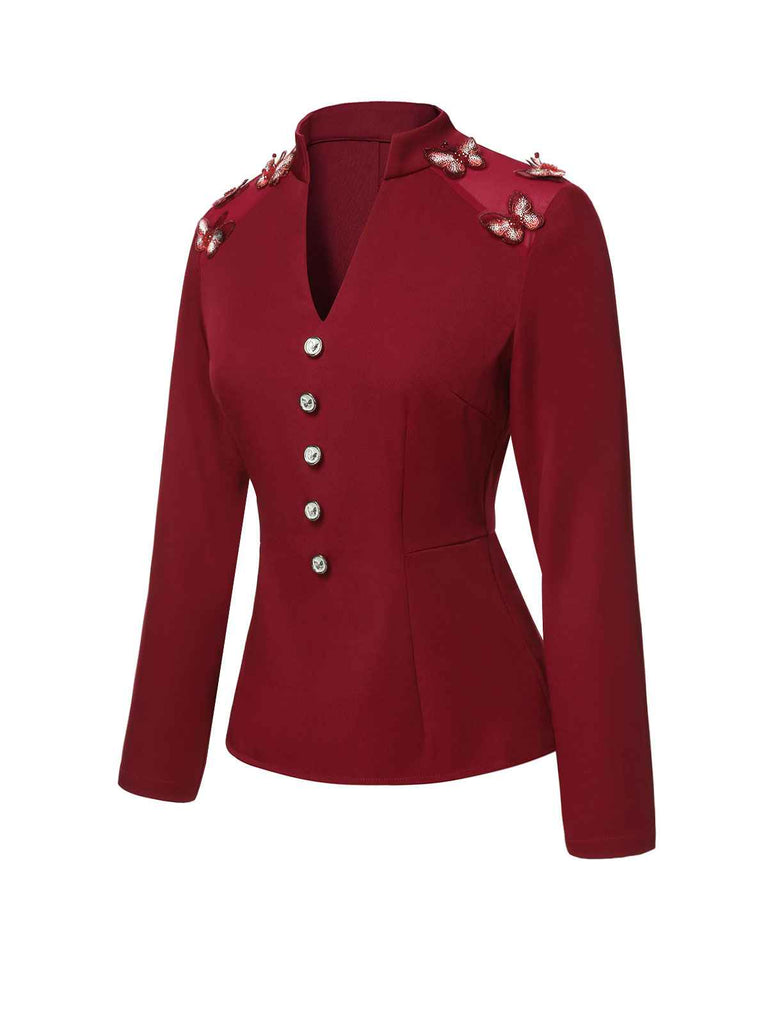 Blouse papillons à col montant rouge des années 1940