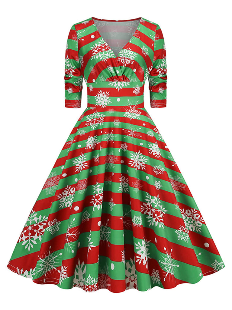Robe de Noël col V à manches mi-longues des années 1950