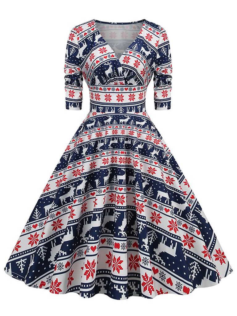 Robe de Noël col V à manches mi-longues des années 1950