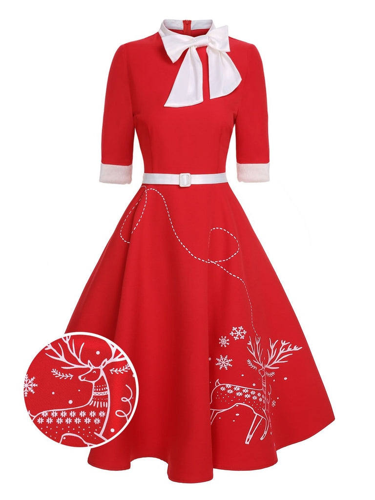 Robe rouge avec ceinture et nœud en forme d'élan des années 1950