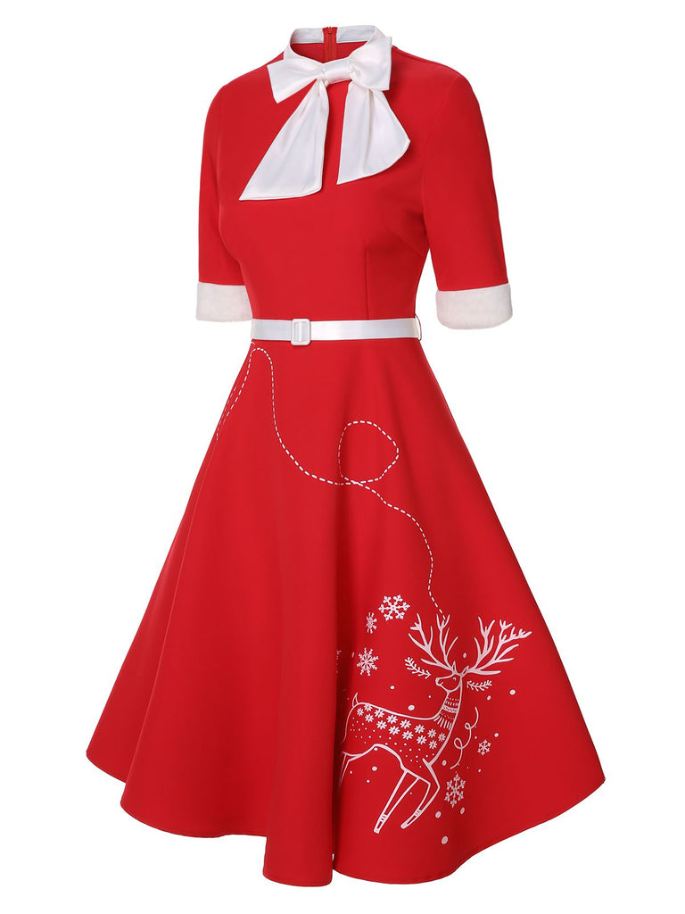 Robe rouge avec ceinture et nœud en forme d'élan des années 1950