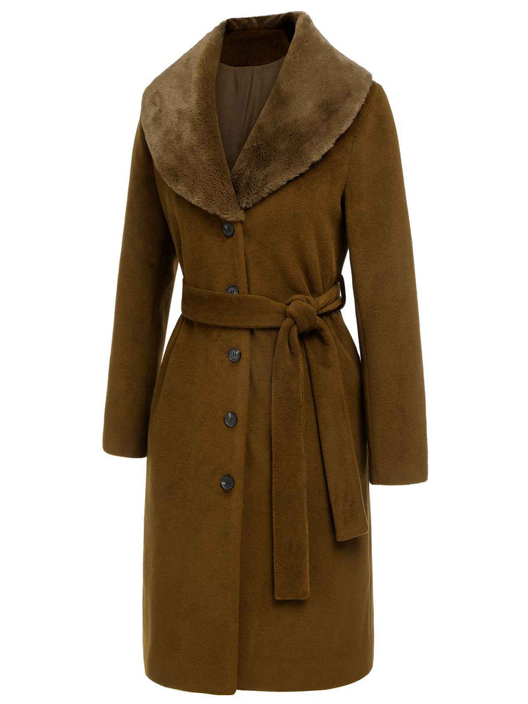 Manteau ceinturé à col en fourrure marron des années 1940