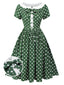 Robe patchwork verte à pois et nœud papillon des années 1940