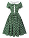 Robe patchwork verte à pois et nœud papillon des années 1940