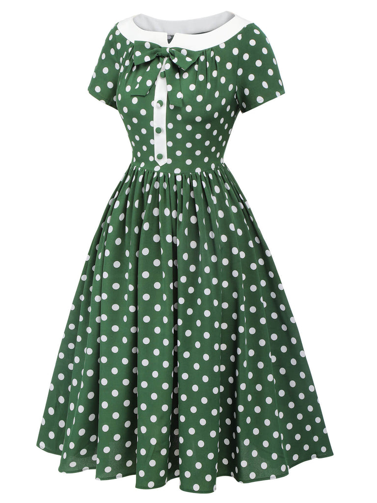 Robe patchwork verte à pois et nœud papillon des années 1940