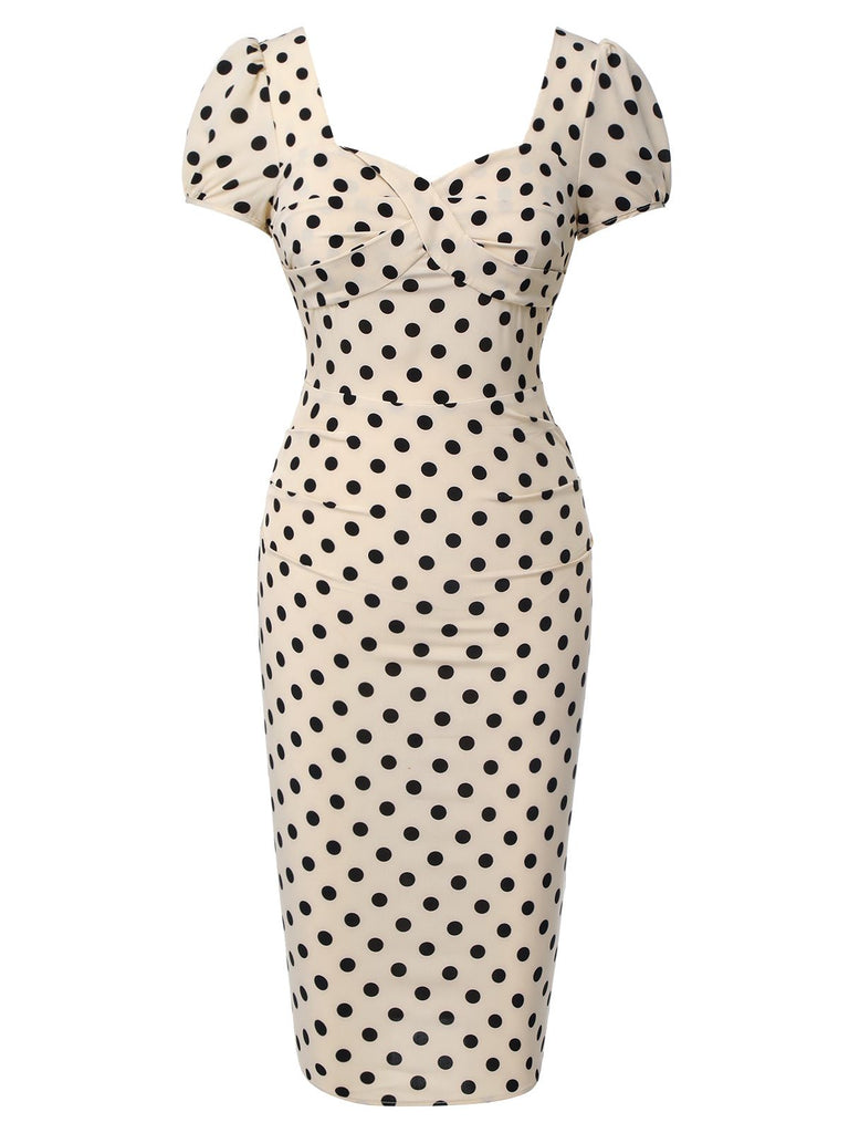 Robe bouffante beige à pois des années 1960 à col carré