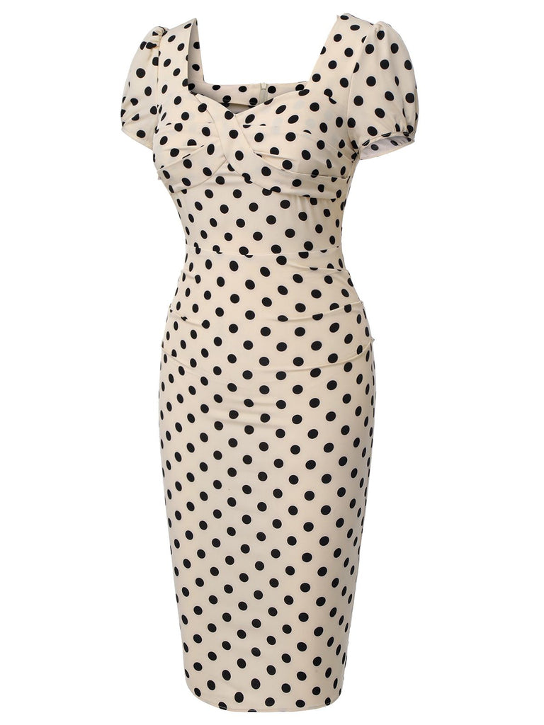 Robe bouffante beige à pois des années 1960 à col carré