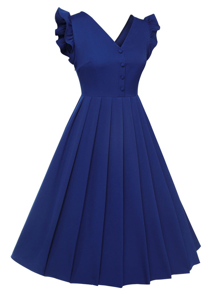 Robe bleue à bretelles plissées à volants des années 1950
