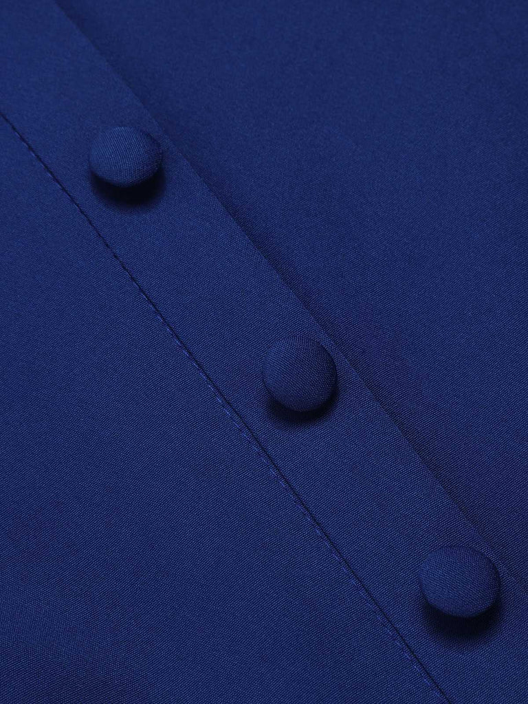 Robe bleue à bretelles plissées à volants des années 1950