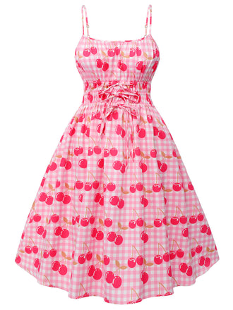 Robe rose à bretelles spaghetti cerise des années 1950