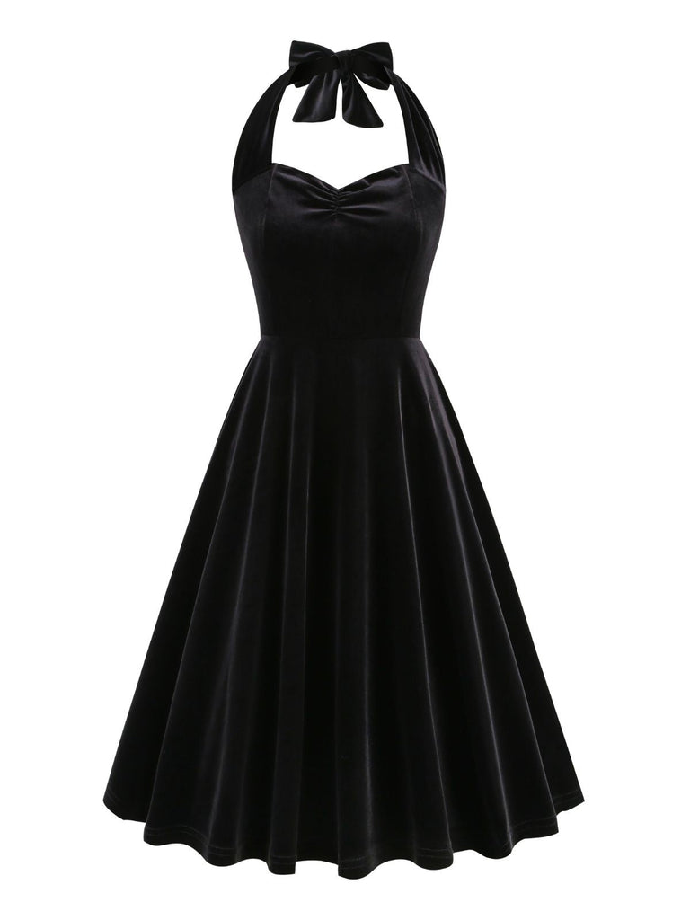 Robe en velours dos nu sans bretelles solide des années 1950