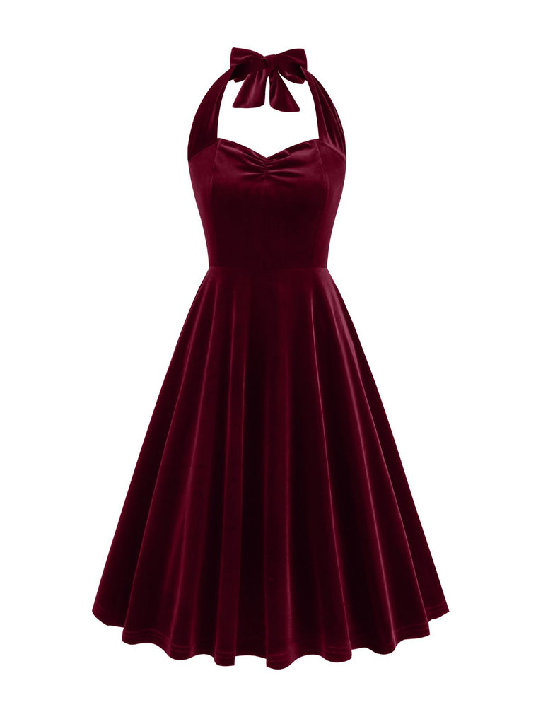 Robe en velours dos nu sans bretelles solide des années 1950