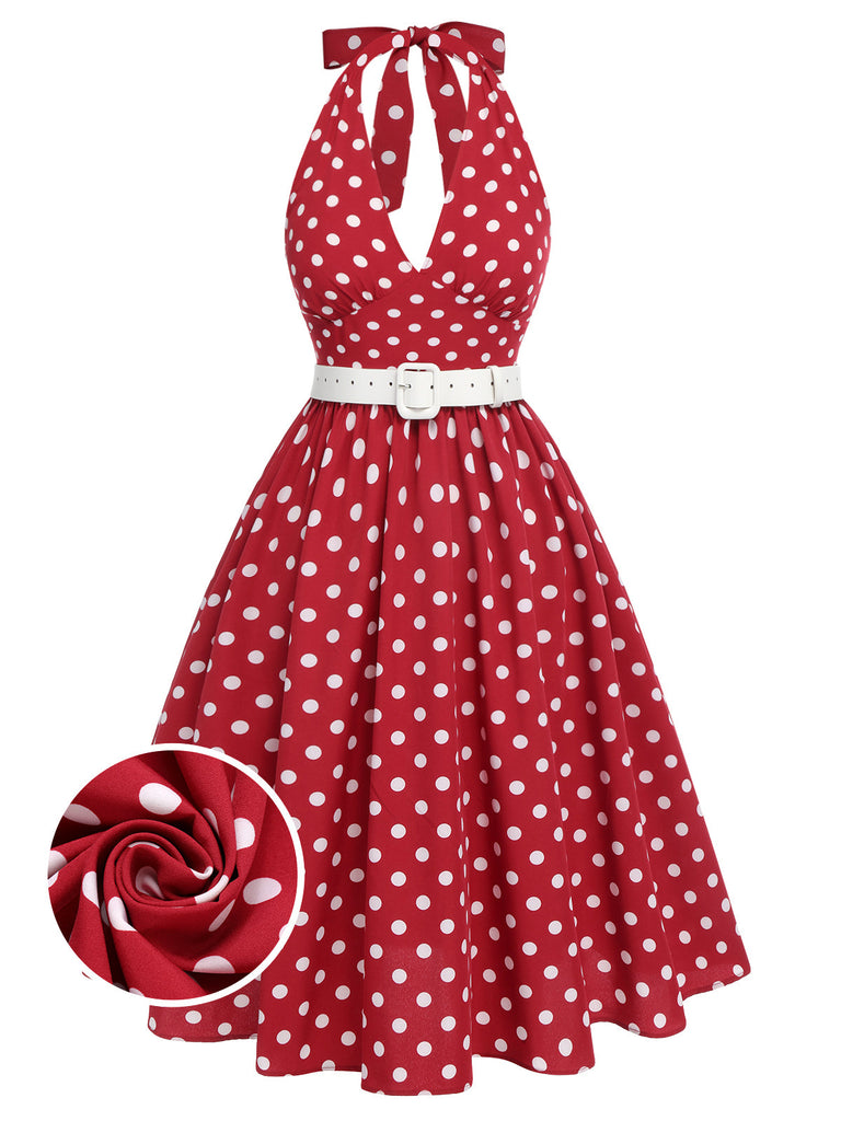 Robe dos nu rouge à pois des années 1950