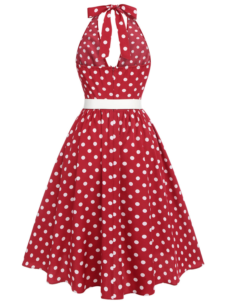 Robe dos nu rouge à pois des années 1950