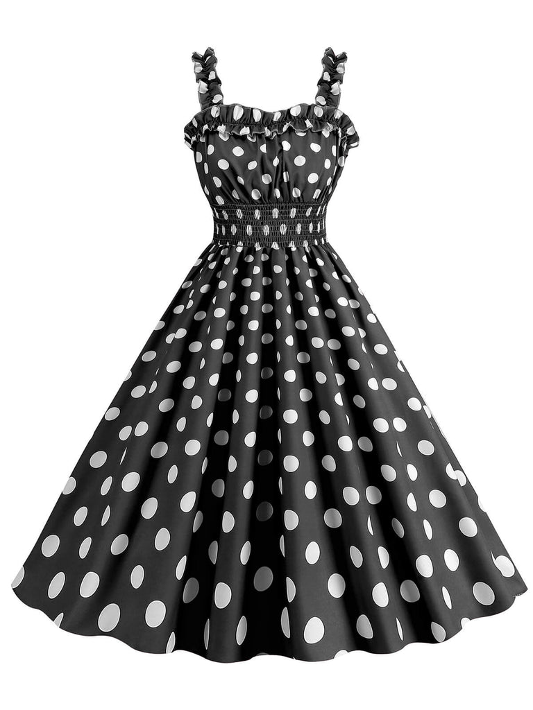 Robe à bretelles smockées à pois des années 1950