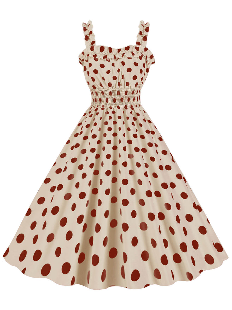 Robe à bretelles smockées à pois des années 1950