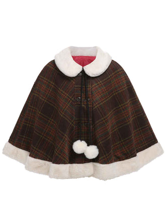 Cape patchwork à col en fourrure à carreaux des années 1960