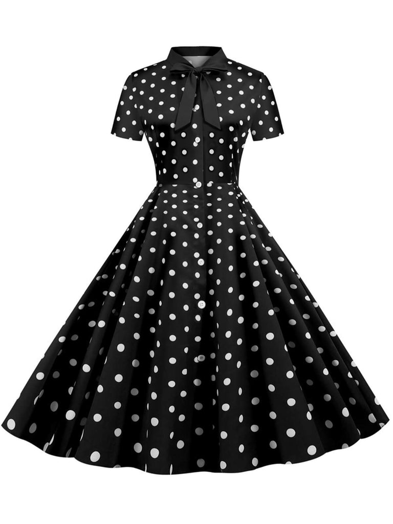 Robe trapèze à pois rayés à col nœud des années 1950