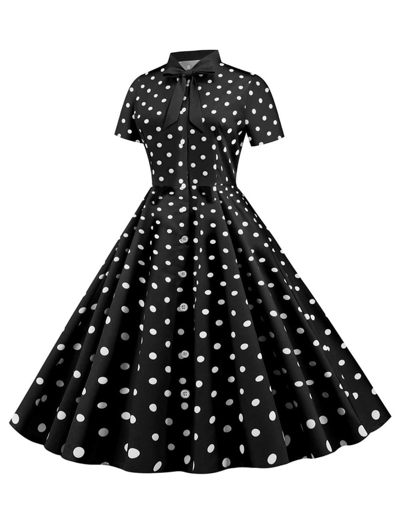 Robe trapèze à pois rayés à col nœud des années 1950