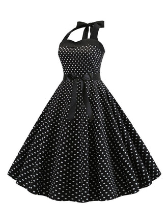 Robe Cocktail à Pois Noire années 1950