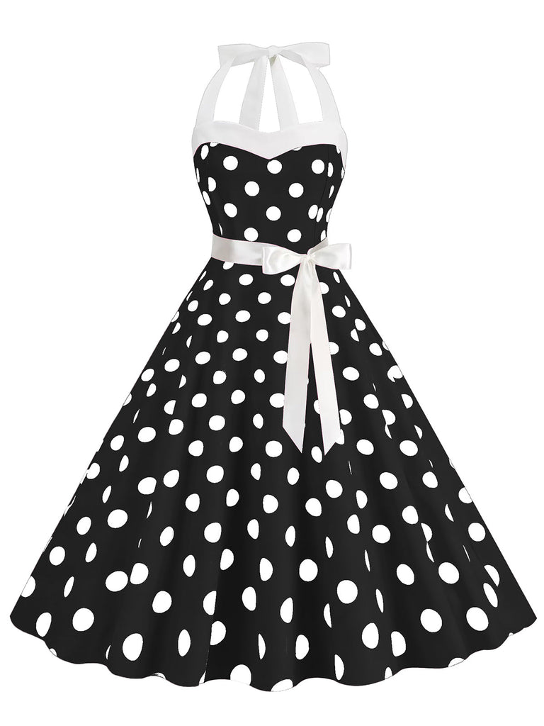 Robe trapèze à ceinture licou à pois bleue des années 1950