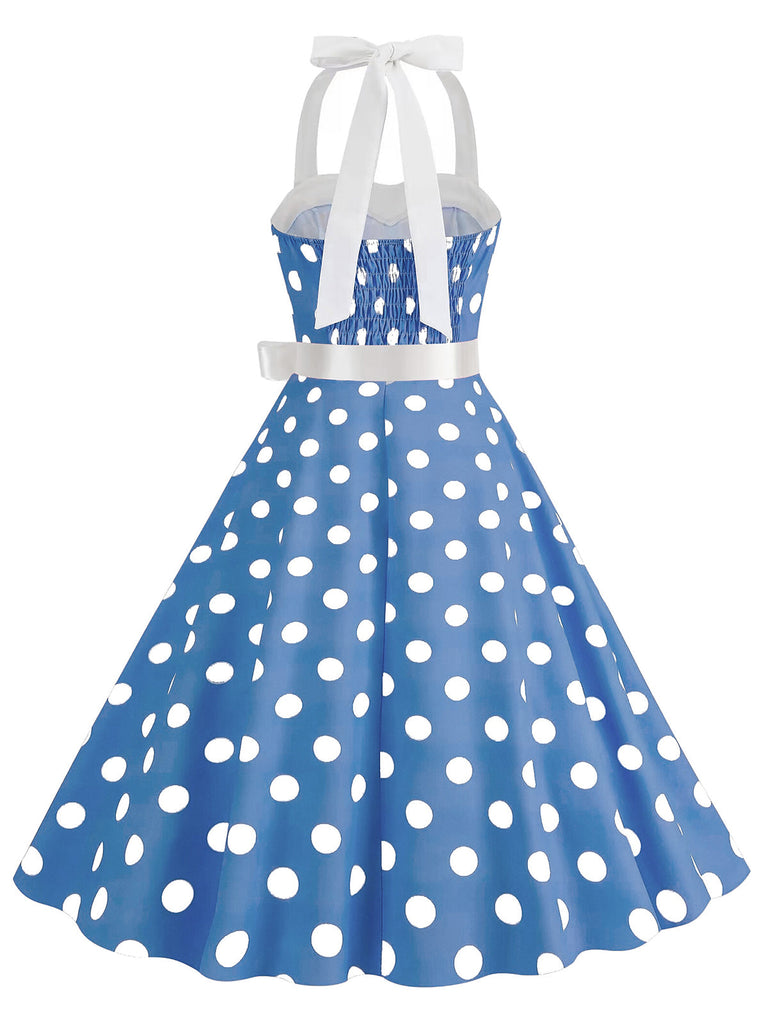Robe trapèze à ceinture licou à pois bleue des années 1950