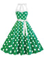 Robe verte trapèze à ceinture licou à pois années 1950