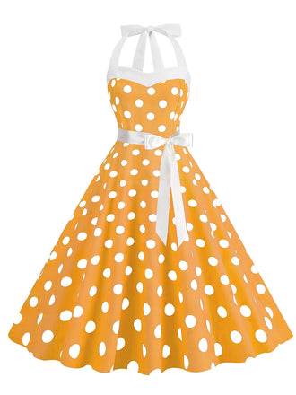 Robe trapèze à ceinture licou à pois des années 1950