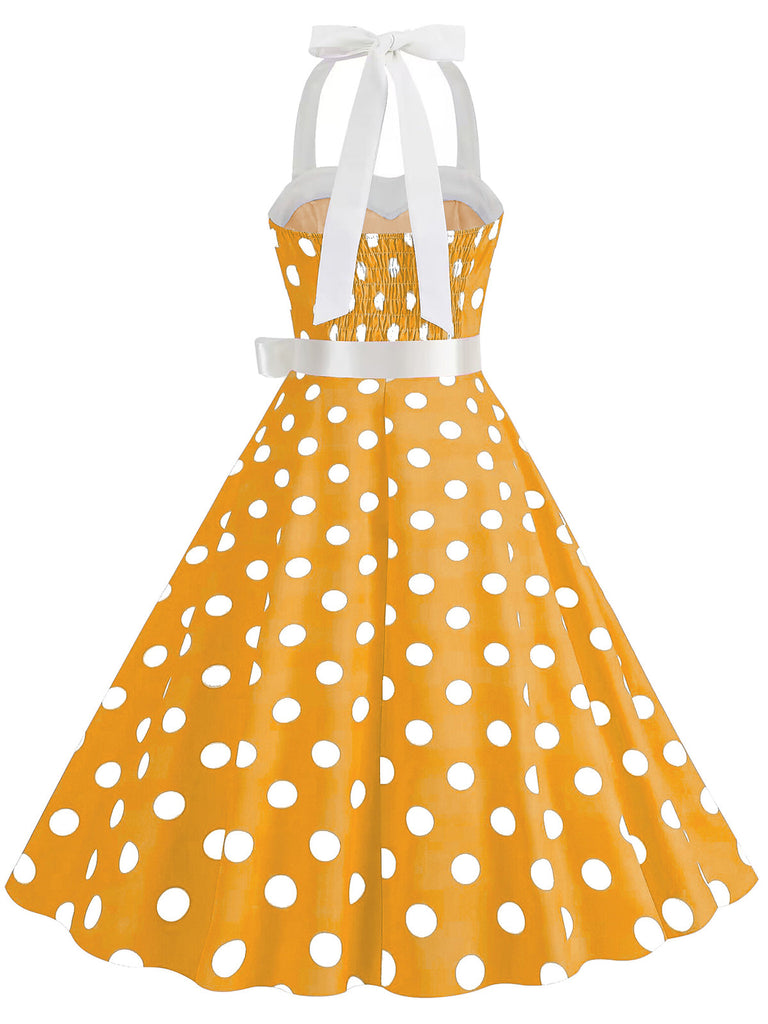 Robe trapèze à ceinture licou à pois bleue des années 1950