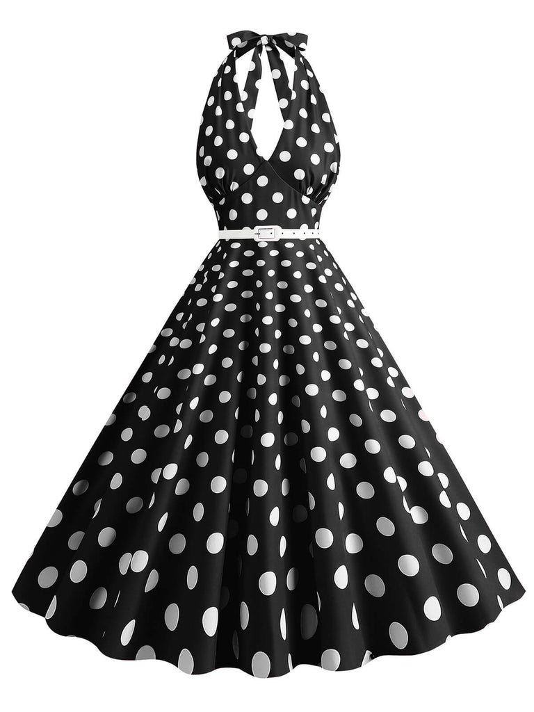 Robe trapèze à imprimé pois et dos nu des années 1950